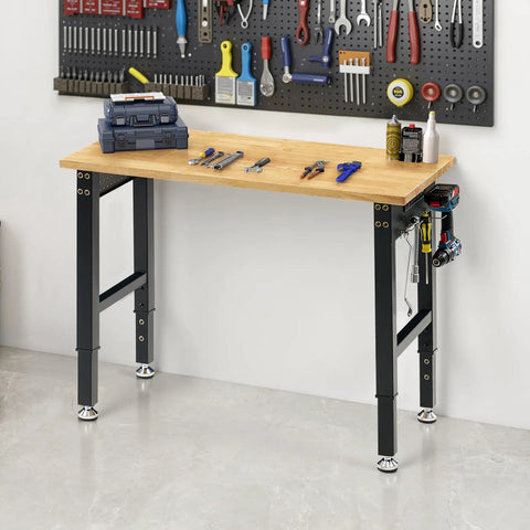 Adjustable Heavy Duty Workbench With Four AC Outlets And Two USB Ports, 2000 Lbs Capacity, Rubber Wood Top on grey floor