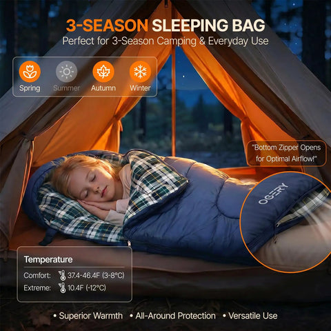 Child sleeping in tent with Kids Sleeping Bag For Sleepovers And Camping 3 Season Warm And Cool Lightweight And Washable
