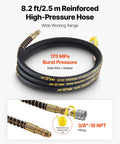 8.2 ft reinforced high-pressure hose with 175 MPa burst pressure, steel wire, and rubber, 3/8”-18 NPT fitting visible