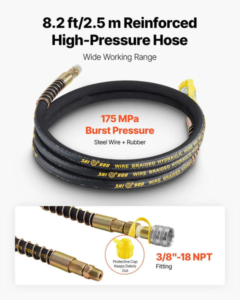8.2 ft reinforced high-pressure hose with 175 MPa burst pressure, steel wire, and rubber, 3/8”-18 NPT fitting visible