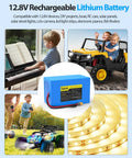 Power-Packed 12.8V LiFePO4 Battery Pack displayed with toys, RC cars, and LED strip showcasing compatibility for varied uses.