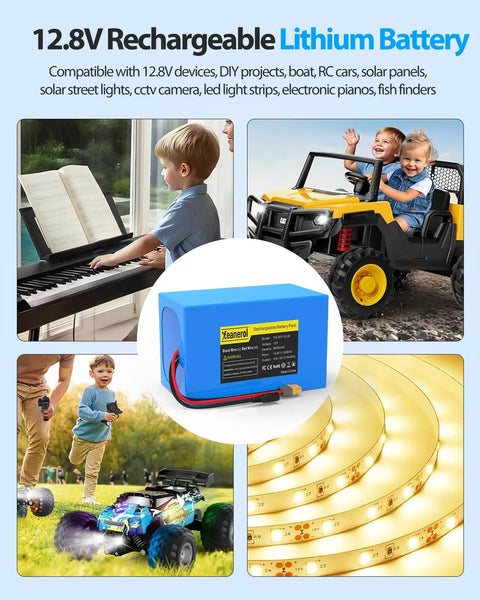 Power-Packed 12.8V LiFePO4 Battery Pack displayed with toys, RC cars, and LED strip showcasing compatibility for varied uses.