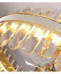 Close-up of Top Shelf Modern LED Crystal Ceiling Fan Light With Three Color Temperature Control, showcasing elegant crystal drops.