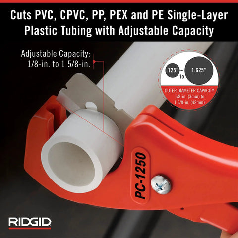 PC 1250 Single Stroke Plastic Pipe Cutter For PVC CPVC PEX PP PE Tubing demonstrating adjustable cutting capacity.