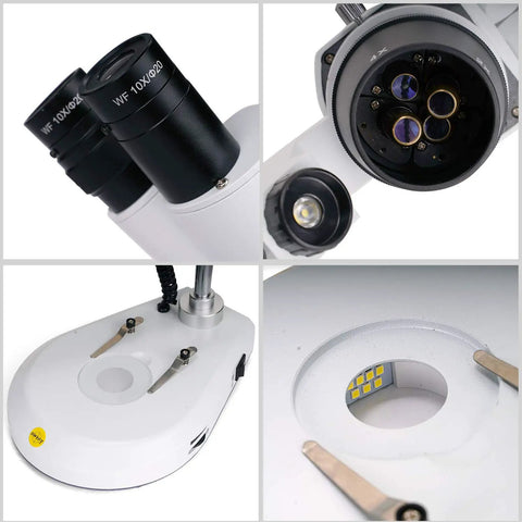 Binocular Stereo Microscope Pro Grade With 20X 40X 80X Magnification, 360 Degree Rotating Head, Wide Field 10X and 20X Eyepieces, Dual LED Illumination, Reversible Stage Plate, Ideal For Electronics, Gemology, Coins, Jewelry, and Hobby Microscope Work, white stereo microscope with dual eyepieces and LED stage