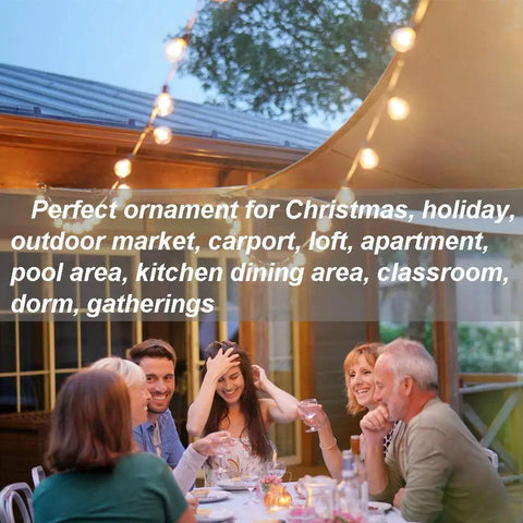 People enjoying a meal under Ultra Long G40 Outdoor String Lights 200Ft With 105 Shatterproof LEDs 5 Spare Waterproof Patio Lighting