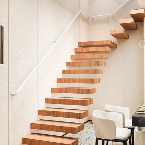 Modern White Indoor Outdoor Railing Kit Adjustable 1ft To 20ft Built Tough With Hefty Wrought Iron And Galvanized Pipe on stylish staircase.
