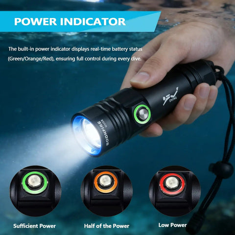 Close-up of Beast Bright Dive Light Underwater Flashlight 1500 Lumens With Charger showing power indicator and hand-held use.