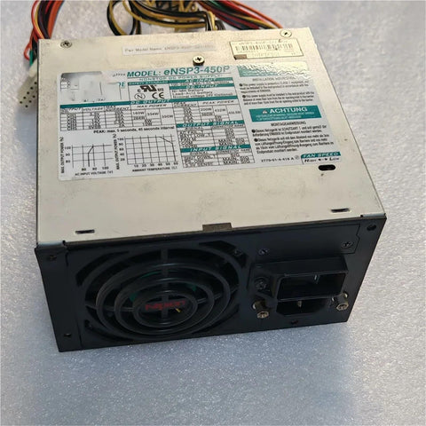 Heavy Duty Industrial Power Supply ENSP3 450P back view showing fan, connectors, and specifications for reliable performance.