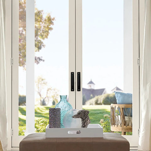 Black Barn Door Handle Set Two Pack Aluminum Alloy Punch Free Sliding Handles with plate for cupboard cabinet shown on glass doors.