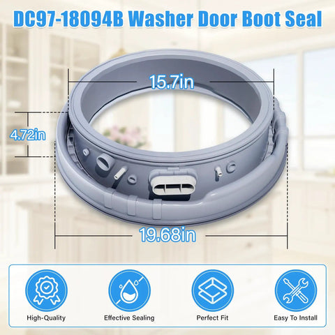Beefed Up DC97 18094B Washer Door Boot Seal Gasket Diaphragm Replacement with dimensions shown for various Samsung models