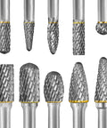 Tungsten carbide burr set with 1/4 in shanks; 10-piece double-cut rotary burrs for die grinders in assorted shapes