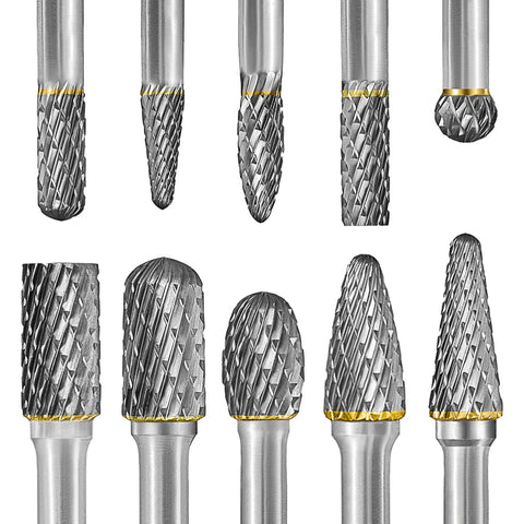 Tungsten carbide burr set with 1/4 in shanks; 10-piece double-cut rotary burrs for die grinders in assorted shapes