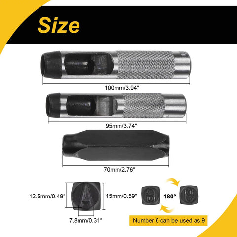 Half Inch Metal Stamping Kit 36 Piece Steel Letter Stamp Set with Two Punch Tools dimensions and parts details