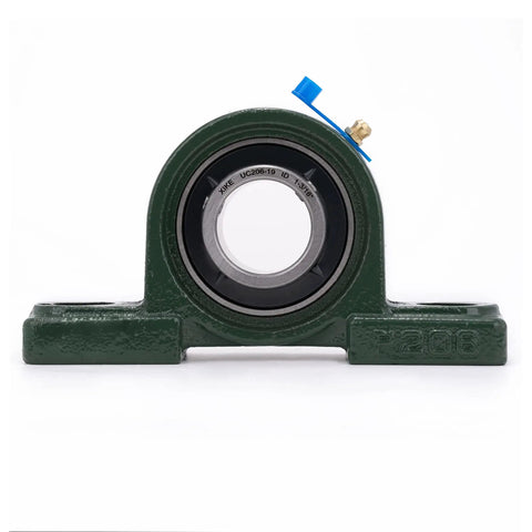 Two Pack Pillow Block Bearings UCP206-19 Bore 1-3/16 In with cast iron base, front view showing self-aligning chrome sealed bearing housing.