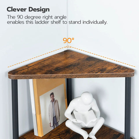 Built Different Five Tier Corner Shelf Stand with rustic brown wood and black steel frame at a 90 degree angle, showcasing clever design.