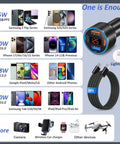 Hella Fast 65W Four Port USB C Car Charger Includes Six Foot Type C Cord For Samsung Galaxy S26 S25 S24 with digital display.