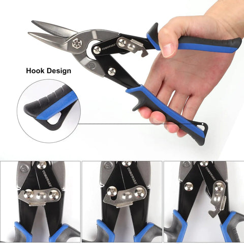 Three Pack Aviation Tin Snips 10 Inch Set For Cutting Sheet Metal Heavy Duty CR V Steel Straight Cut Shears in hand
