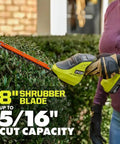 Heavy Duty 18V Cordless Grass Shear And Shrubber Trimmer Featuring Quick Swap Blades for trimming hedges with 8" blade in use.