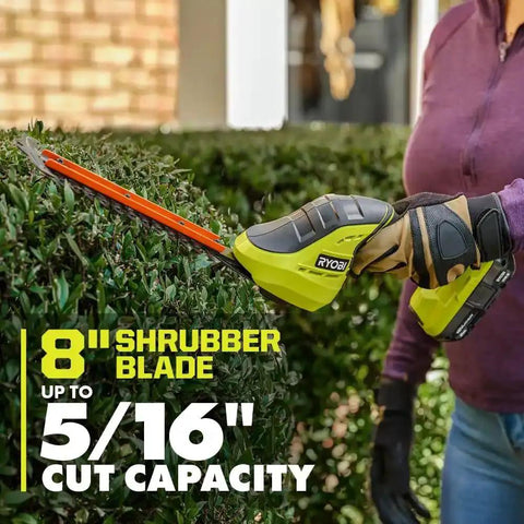 Heavy Duty 18V Cordless Grass Shear And Shrubber Trimmer Featuring Quick Swap Blades for trimming hedges with 8" blade in use.