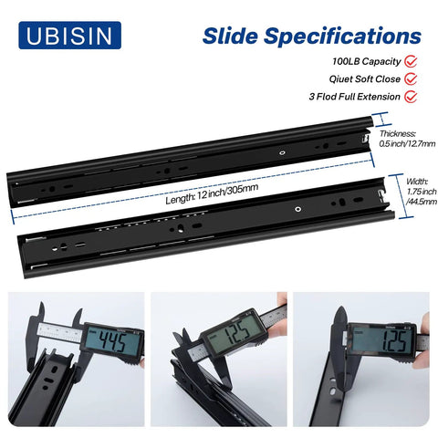 Full Extension Ball Bearing Drawer Slides 12 Inch Side Mount Cabinet Rails Pair Heavy Duty Kitchen Drawer Runners 100 LB Capacity with measurements