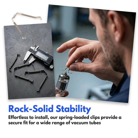 Spring Loaded Tube Retainer Clips Five Pack For Guitar Amps And Vintage Audio Gear Easy Install Metal Socket Retainers Compatible With 6H30PI Tubes And Other Valve Sockets shown with vacuum tube and caliper