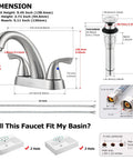 Diagram of dimensions for Two Handle Deck Mounted Bathroom Sink Faucet With Brushed Nickel Finish, Includes Lead Free Drain Assembly