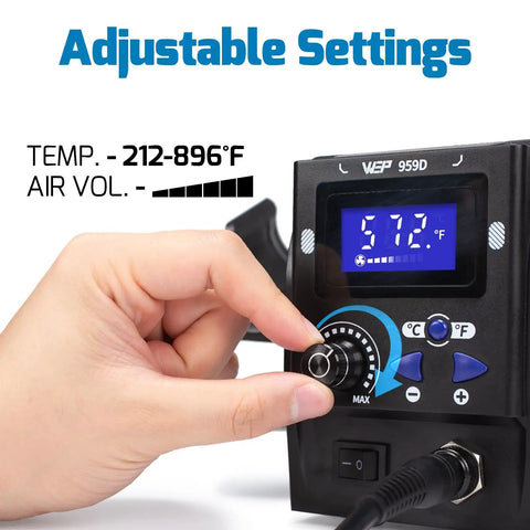 Hand adjusting Maker Friendly Pro Grade Hot Air SMD Soldering Rework Station With Quick Change Nozzle System.