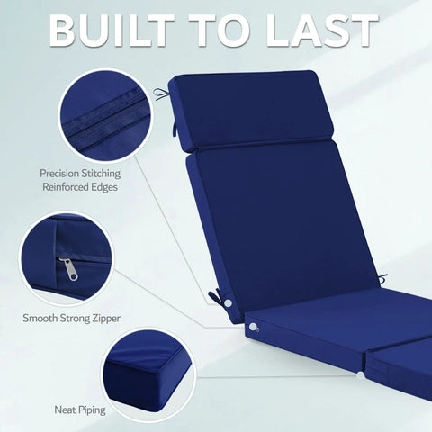 72 x 21 Inch Outdoor Chaise Lounge Cushions Set of 2 With Removable Covers 4-Section Design Water Repellent And Fade Resistant 6 Tie Straps Replacement For Patio And Pool Chairs In Navy