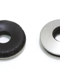 Pair of neoprene-bonded washers: black rubber-backed washer and silver metal washer, both with central holes.