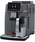 Top Shelf Super Automatic Espresso Machine Crafting One Touch Cappuccino Latte Macchiato Ristretto And Flat White For Your Kitchen Game Changing Setup In Anthracite, with milk container on side.