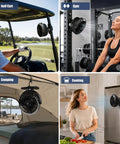 Rechargeable Magnetic Travel Fan With 12000mAh Battery And Power Bank Mode mounted in golf cart, gym, camping, and kitchen settings.