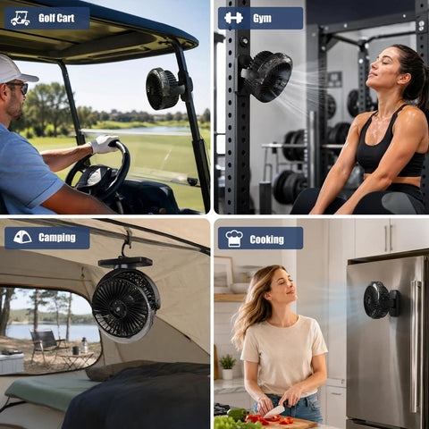 Rechargeable Magnetic Travel Fan With 12000mAh Battery And Power Bank Mode mounted in golf cart, gym, camping, and kitchen settings.