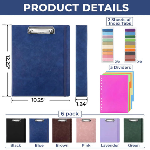 Six Pack 3 Ring Binder Clipboard Set, 12.25 x 10.25 inches, blue linen binder, 5 dividers, index tabs, assorted colors