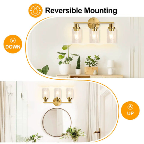 Brushed Brass 3 Light Vanity Fixture With Clear Glass Shades Wall Sconce Vibe shown in reversible mounting options.