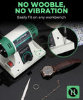 Go To Bench Buffer Polisher Kit With Adjustable Speed on a workbench with watch and jewelry, no-wobble feature shown