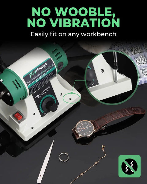 Go To Bench Buffer Polisher Kit With Adjustable Speed on a workbench with watch and jewelry, no-wobble feature shown