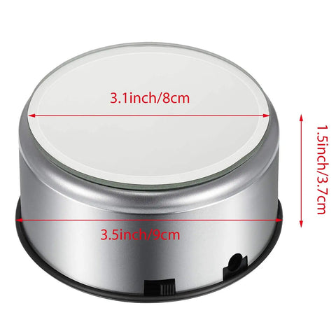 Mudder Silver Rotating Display Turntable Base For Epoxy Tumbler, 360 Degree Electric Spinner With USB Power Cord, top view showing dimensions 3.1 inch by 1.5 inch.