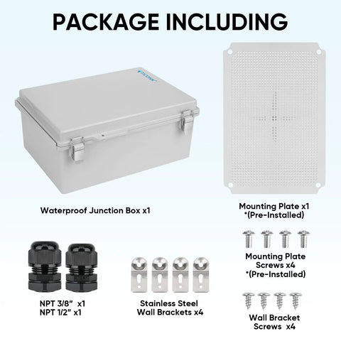 Package including Outdoor Waterproof Electrical Box IP67 ABS Plastic Enclosure with wall brackets and cable glands.