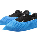 Disposable Non Slip Indoor Shoe Covers Waterproof CPE Booties 50 Pairs Large Fits US Men 11 And Women 13 Blue covering black sneakers