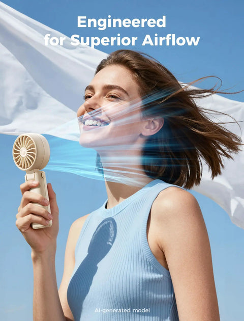 Woman using Powerful Portable Handheld Fan For On The Go With 20 Hour Max Battery Life, 3 Modes, 5 Speed Settings, in beige, outdoors
