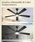 Slick 52 Inch Ceiling Fan With Flat Out Bright Light Smart App Control Dimmable Lamps showcasing smooth color temperature adjustment in a sleek black finish.