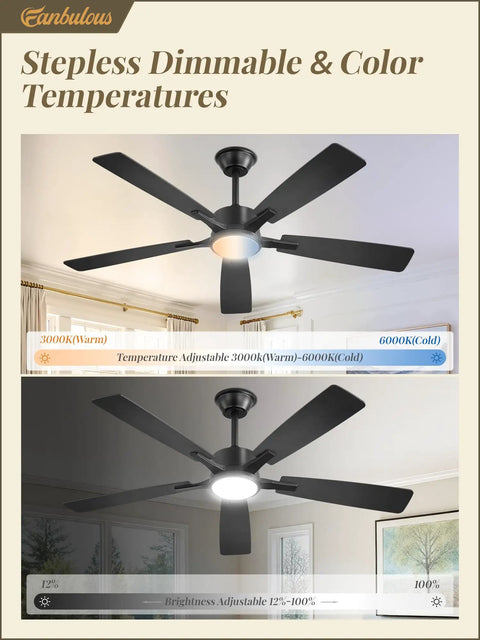 Slick 52 Inch Ceiling Fan With Flat Out Bright Light Smart App Control Dimmable Lamps showcasing smooth color temperature adjustment in a sleek black finish.