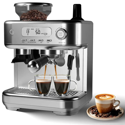 Premium Semi Automatic Espresso Machine With Built In Conical Burr Grinder 15 Bar Pump Pid Temp Control and Steam Wand brewing espresso shots