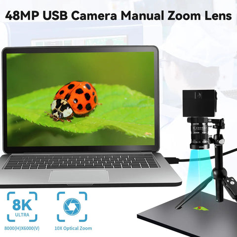 Top Tier 48MP USB Webcam Pumping Out Straight Fire 8K Ultra HD Video With 5 To 50MM 10X Manual Zoom Lens capturing a ladybug on a leaf.