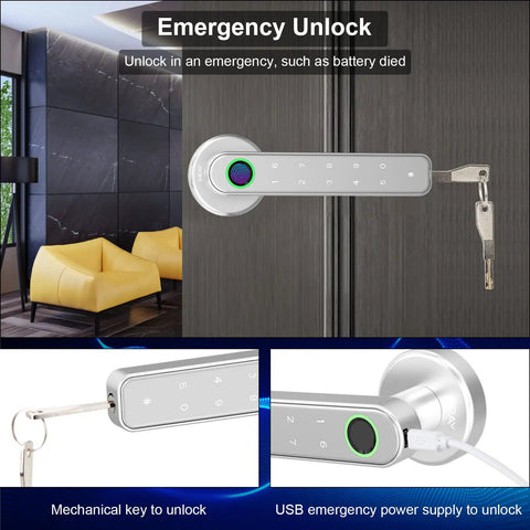 3 In 1 Smart Fingerprint Door Lock With Keypad And Mechanical Key Backup Auto Locks After Five Seconds Reversible Handle Silver Finish