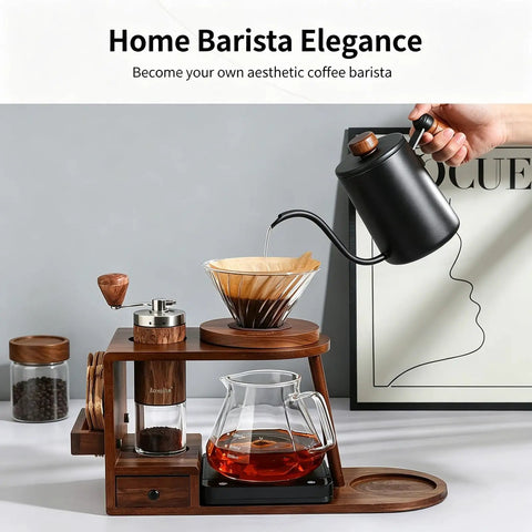 Next Level Pour Over Coffee Station And Complete Eight Piece Brewing Kit With Gooseneck Kettle Manual Ceramic Burr Grinder Large Glass Server And Solid Wood Rack For Your Daily Grind Routine with coffee dripper