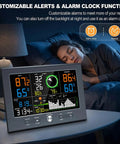 All In One Wireless Indoor Outdoor Weather Station for home setup on bedside table, displaying temperature, humidity, and more
