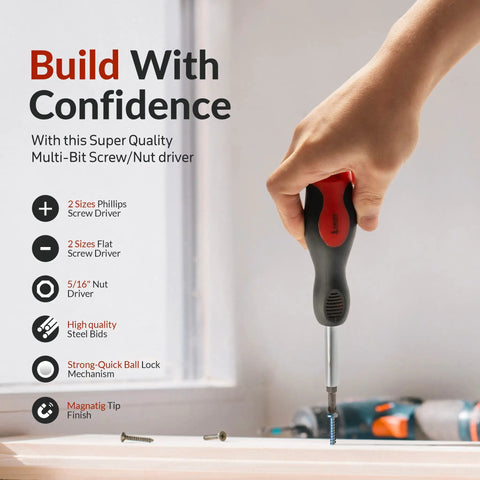 Person using Six In One Screwdriver Set Grab And Go With Non Slip Grip Built In Bit Holder And Nut Driver For Multipurpose Use Including Phillips And Slotted Bits In High Quality Steel, showing screw insertion.