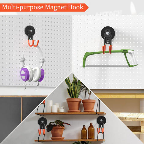 Heavy Duty Magnetic Garage Hooks 4 Pack With Grip Firm Neodymium Magnets For stress free gear organization on a pegboard.
